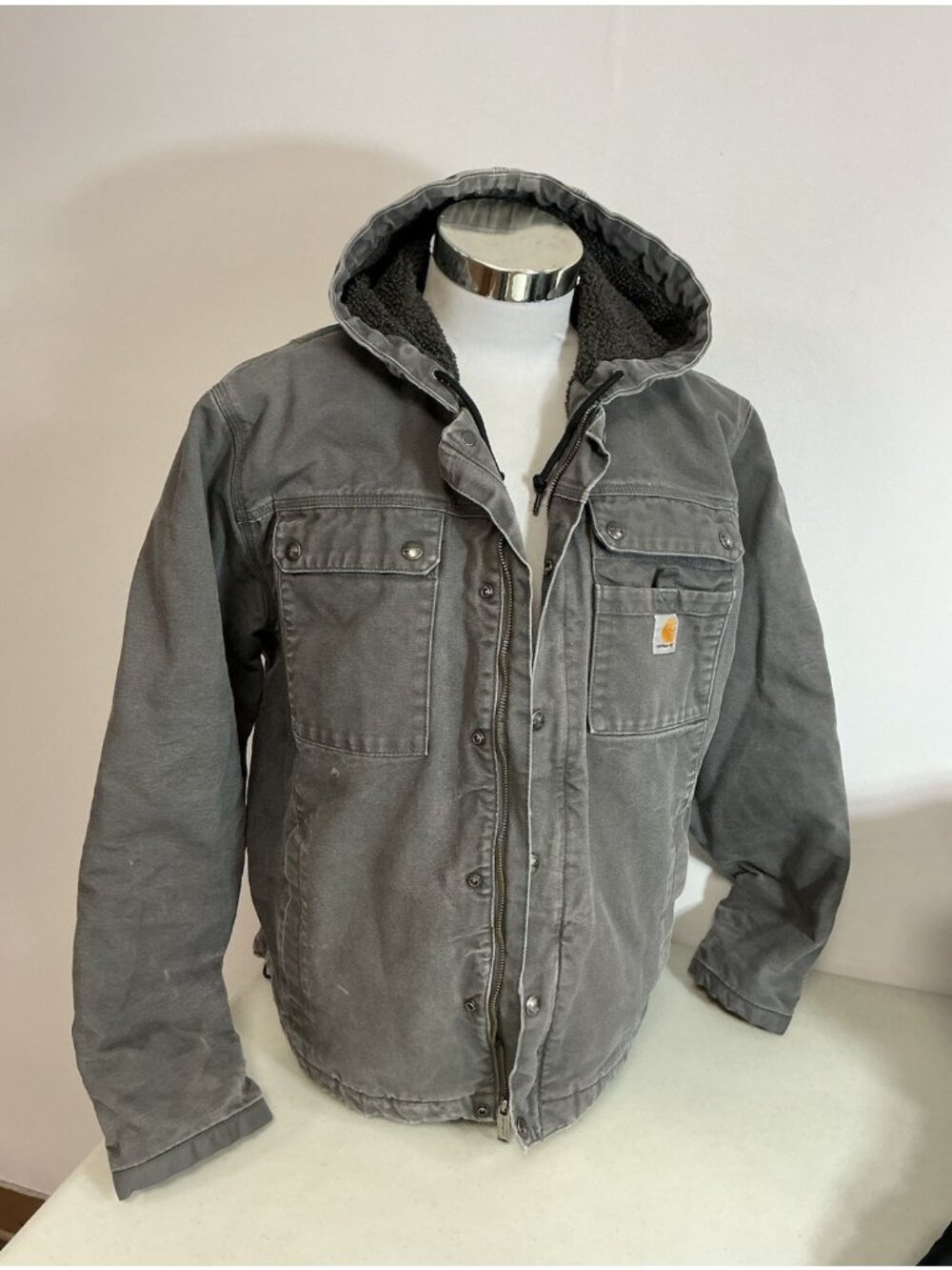 Carhartt Jacket Hooded Sherpa Lined Grey Jacket Work Wear Mens Large